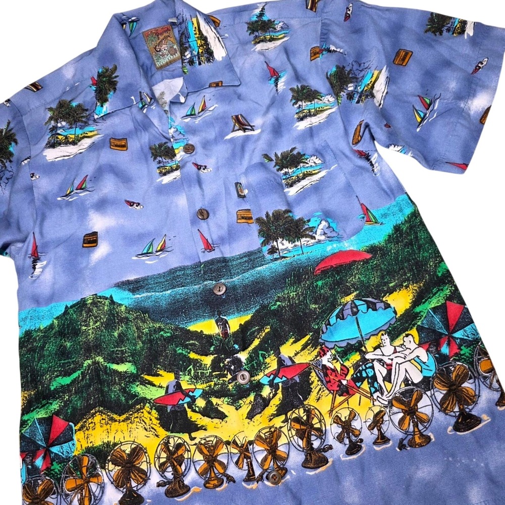 Pineapple Connection Hawaiian Shirt Mens Small Blue Rayon Beach Scene Vintage - Picture 2 of 7